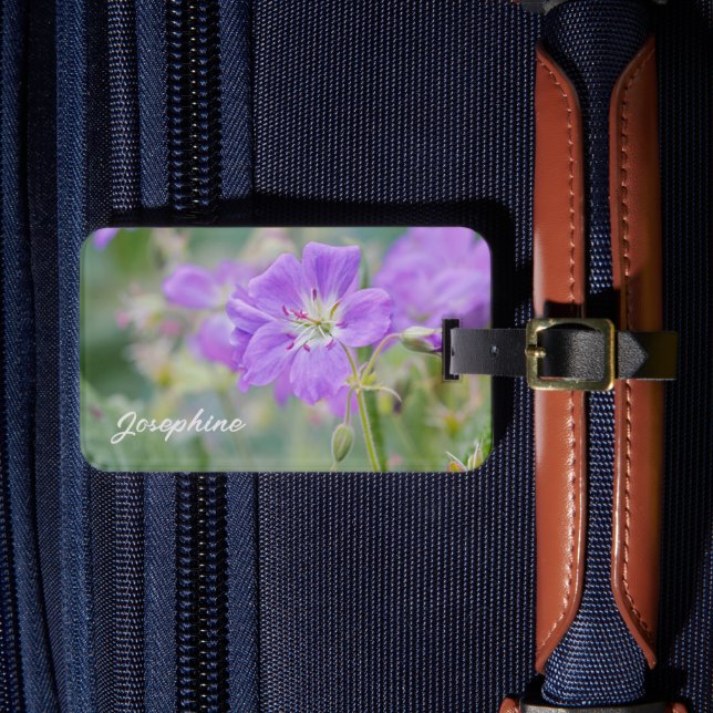 Purple Geranium Wildflower Photo With Custom Info Luggage Tag (Front Insitu 4)
