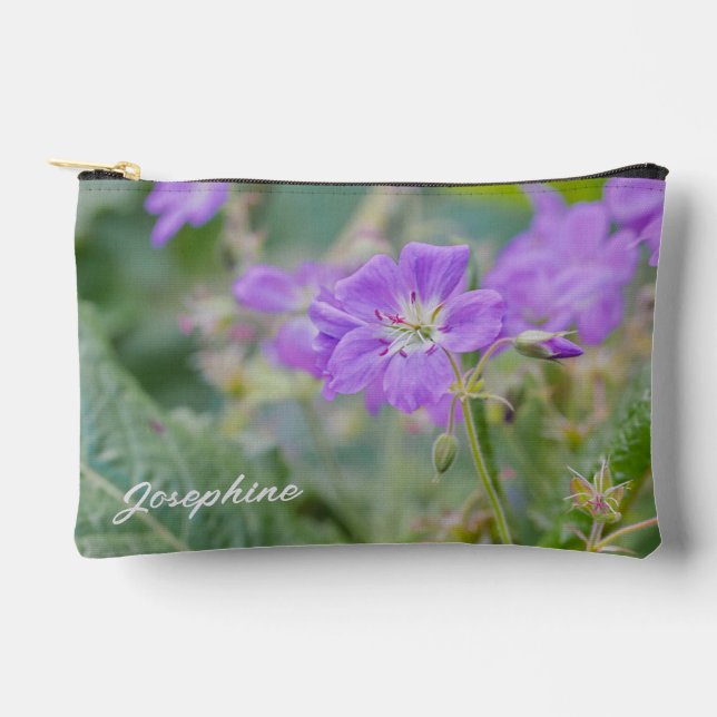 Purple Geranium Wildflower Photo With Custom Name Accessory Pouch (Front)