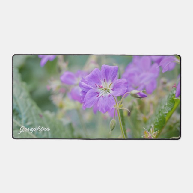Purple Geranium Wildflower Photo With Custom Name Desk Mat (Front)