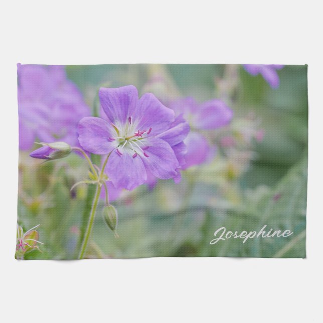 Purple Geranium Wildflower Photo With Custom Name Kitchen Towel (Horizontal)