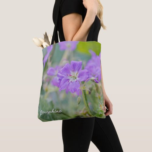 Purple Geranium Wildflower Photo With Custom Name Tote Bag