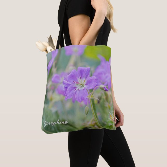 Purple Geranium Wildflower Photo With Custom Name Tote Bag (Close Up)