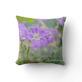 Purple Geranium Wildflower Photo With Family Name Throw Pillow