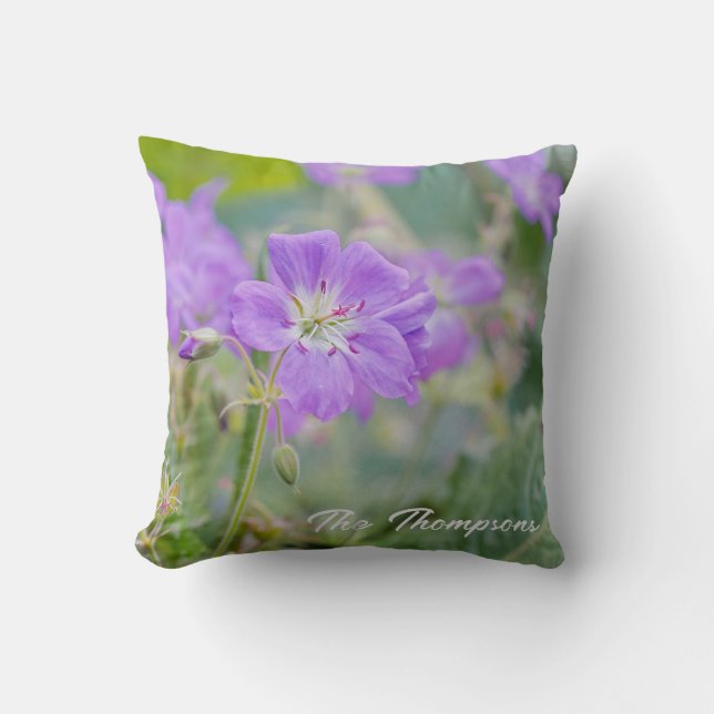 Purple Geranium Wildflower Photo With Family Name Throw Pillow (Front)