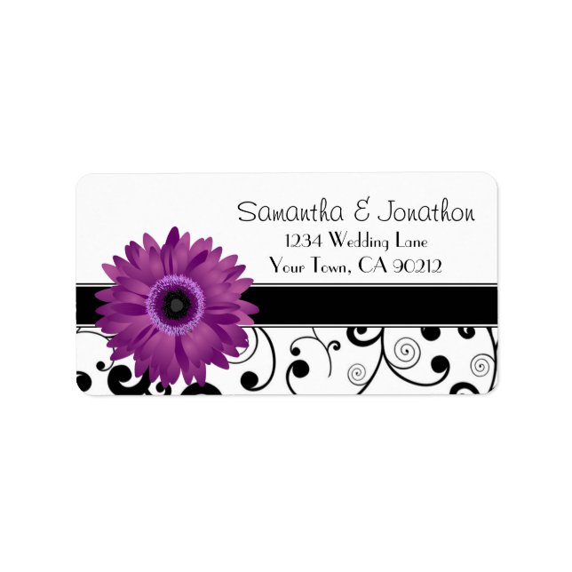 Purple Gerbera Daisy Black Scroll Address Label (Front)