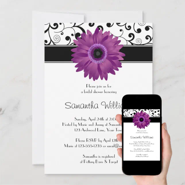 Purple Gerbera Daisy Black Scroll Bridal Shower Invitation Zazzle