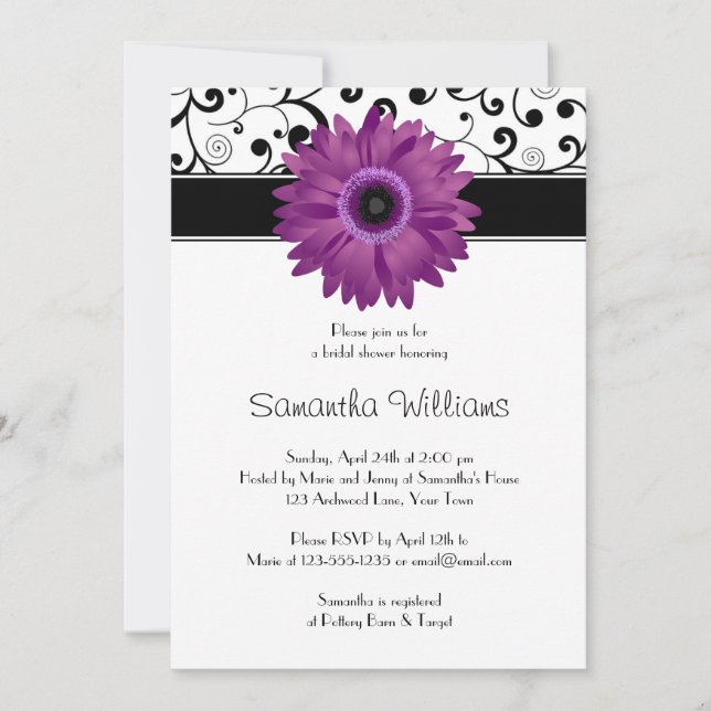 Purple Gerbera Daisy Black Scroll Bridal Shower Invitation (Front)