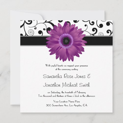 Purple Gerbera Daisy Black Scroll Design Wedding Personalized Invites