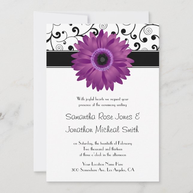 Purple Gerbera Daisy Black Scroll Design Wedding Invitation (Front)
