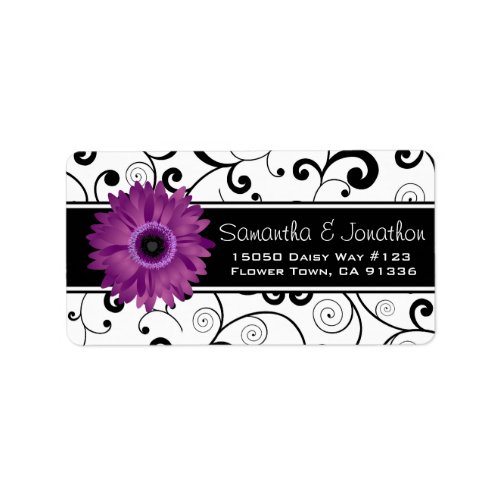 Purple Gerbera Daisy Black  White Scroll Label