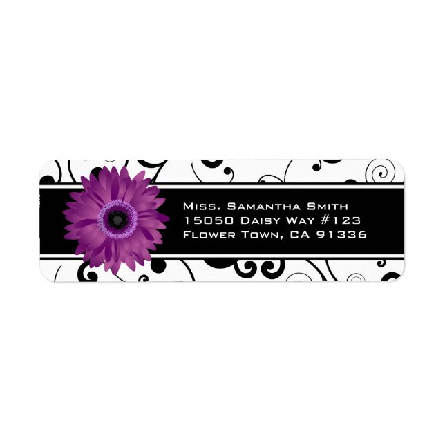 Purple Gerbera Daisy Black & White Scroll Label (Front)