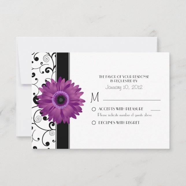 Purple Gerbera Daisy with Black Scroll Design RSVP Card (Front)