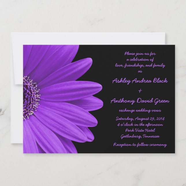 Purple Gerbera Wedding Invitation Purple and Black (Front)