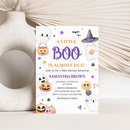 Purple Ghost Halloween Little Boo Baby Shower Invitation