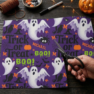 Purple Ghost Kids Name Monogram Wrapping Paper