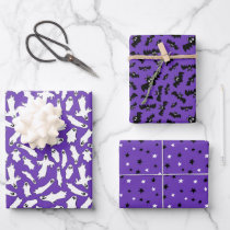 Purple Ghosts Bats Stars Halloween Patterns Wrapping Paper Sheets