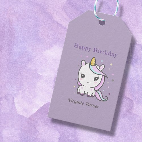 Purple Gift Tag for Birthday with a Cute Unicorn