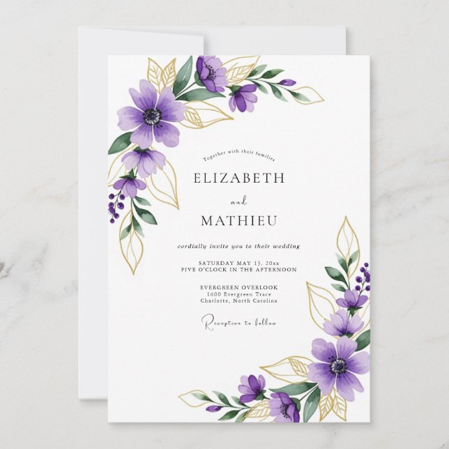 Purple Gilded Botanical Wedding Invitation (Front)