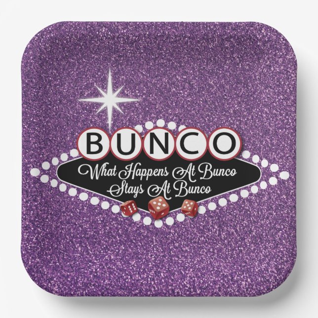 Purple Giltter What Happens At Bunco Paper Plates (Front)