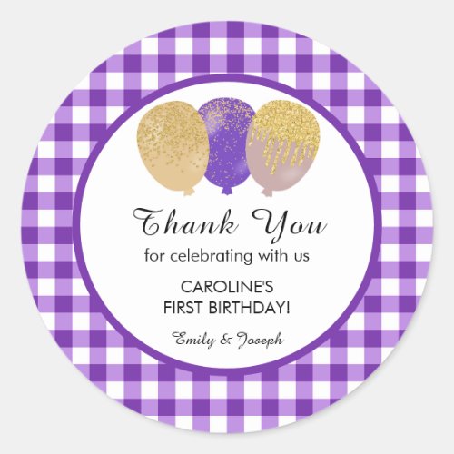 Purple Gingham 1st Birthday Glitter Balloons Favor Classic Round Sticker