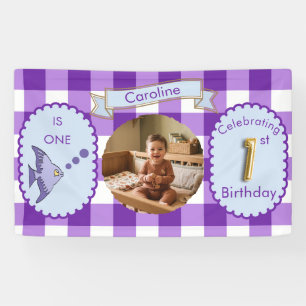 Purple Gingham 1st Birthday Photo Fish Party Banner
