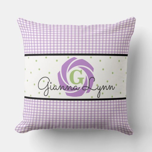 Purple Gingham and Floral Monogram Throw Pillow