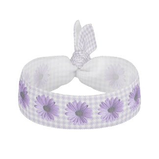 Purple Gingham and Flowers Head Band Ribbon Hair Tie