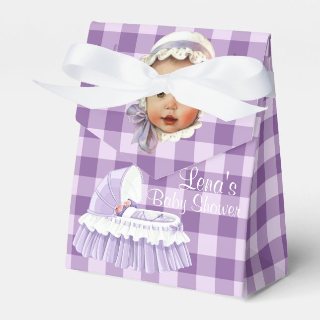 Purple Gingham Baby & Ruffled Bassinet Favor Boxes (Front Side)