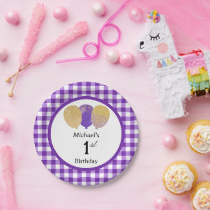 Purple Gingham & Balloons 1st Birthday Paper Plates