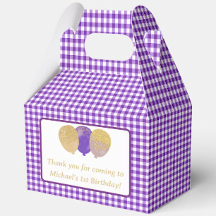 Purple Gingham Balloons Custom Photo Birthday Favor Boxes