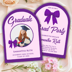 Purple Gingham Bow Arch Photo Graduation Party Invitation