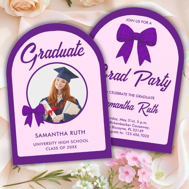 Purple Gingham Bow Arch Photo Graduation Party Invitation (Creator Uploaded)