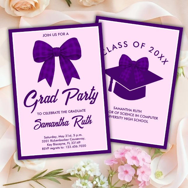 Purple Gingham Bow Graduation Party Invitation (Creator Uploaded)