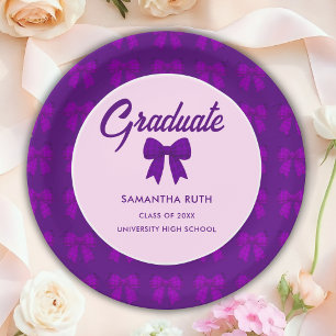 Purple Gingham Bow Graduation Party Paper Plates
