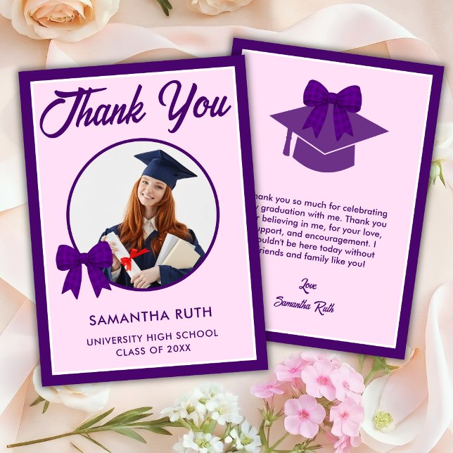 Purple Gingham Bow Photo Graduation Thank You Card (Creator Uploaded)