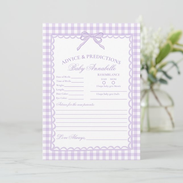 Purple Gingham Coquette Bow Advice for Baby Card (Standing Front)