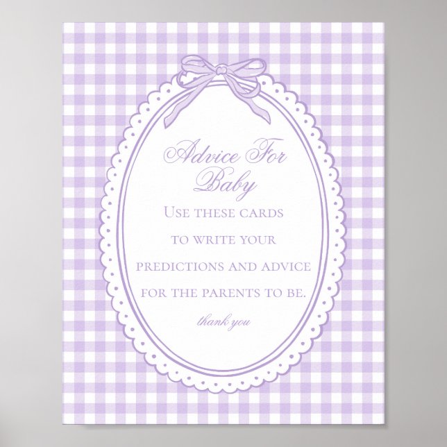 Purple Gingham Coquette Bow Advice for Baby Shower Poster (Front)