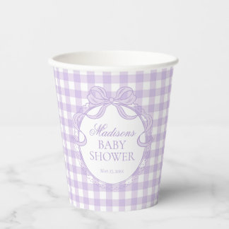 Purple Gingham Coquette Bow Baby Shower Paper Cups