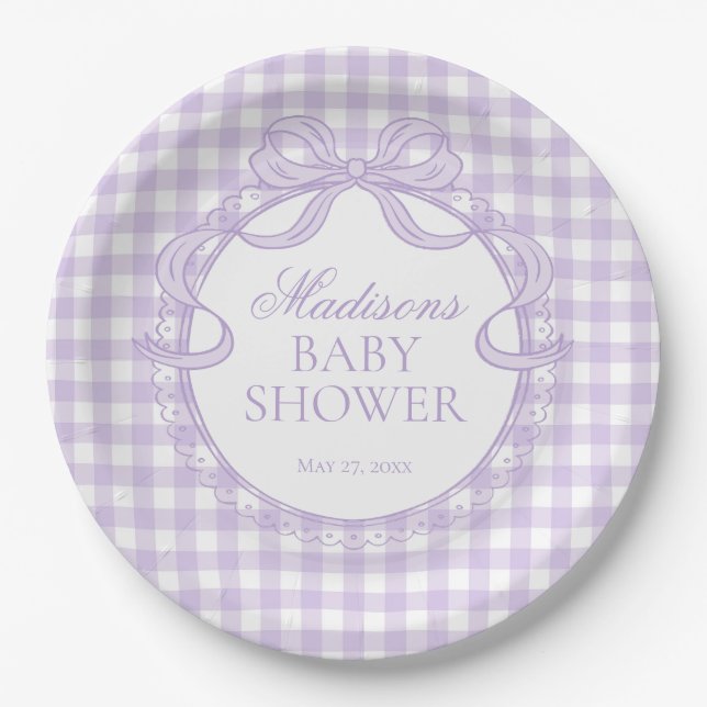 Purple Gingham Coquette Bow Baby Shower Paper Plates (Front)