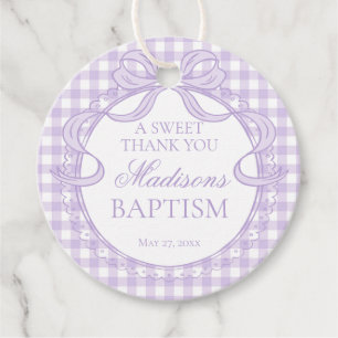 Purple Gingham Coquette Bow Baptism Circle Favor Tags