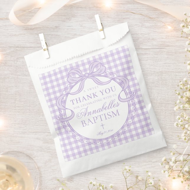 Purple Gingham Coquette Bow Baptism Dessert Favor Bag (Clipped)