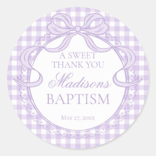 Purple Gingham Coquette Bow Baptism Favor Classic Round Sticker