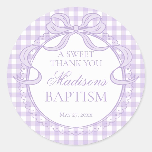 Purple Gingham Coquette Bow Baptism Favor Classic Round Sticker (Front)