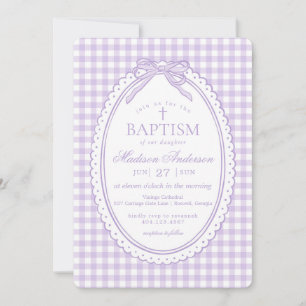 Purple Gingham Coquette Bow Baptism Invitation