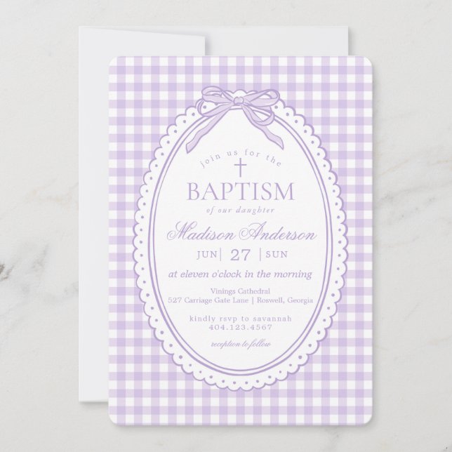 Purple Gingham Coquette Bow Baptism Invitation (Front)