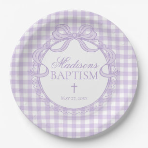 Purple Gingham Coquette Bow Baptism Paper Plates