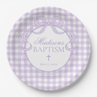 Purple Gingham Coquette Bow Baptism Paper Plates