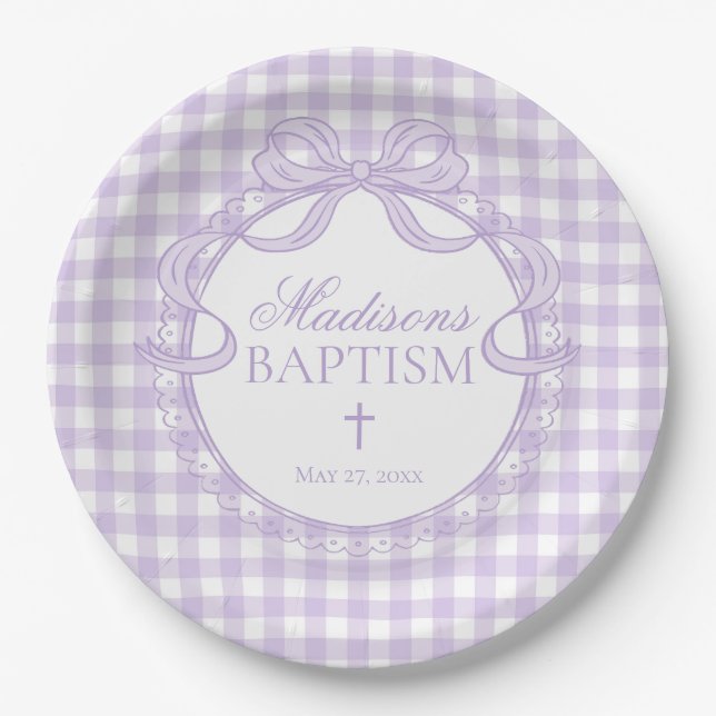 Purple Gingham Coquette Bow Baptism Paper Plates (Front)