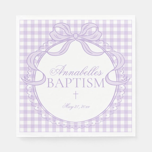 Purple Gingham Coquette Bow Baptism Table Decor Napkins (Front)