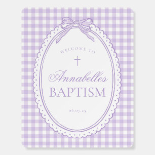 Purple Gingham Coquette Bow Baptism Welcome Sign